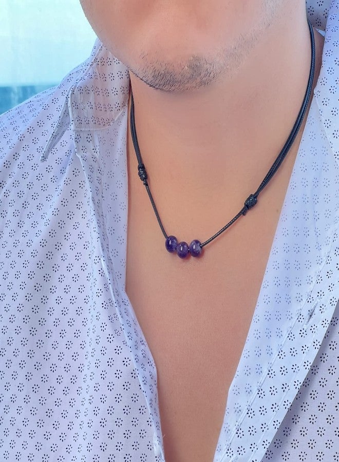 Luck Strings Amethyst Triple Beaded Choker Necklace - Adjustable Wax Nylon Cord | Waterproof Boho Jewelry for Men & Women | February Birthstone Gift Idea - Image 3